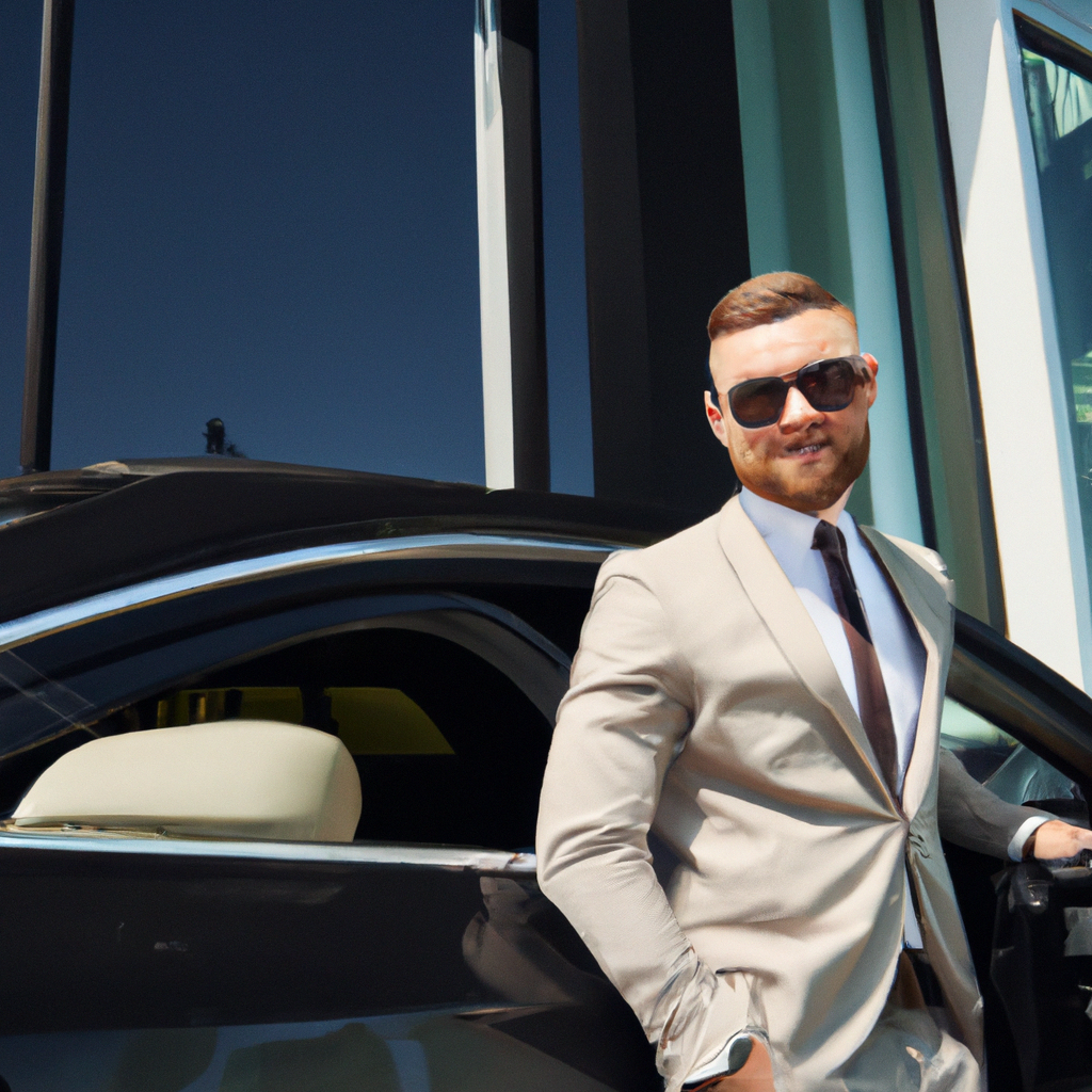 Entrepreneur Petr with his Luxury Car in front of his Business
